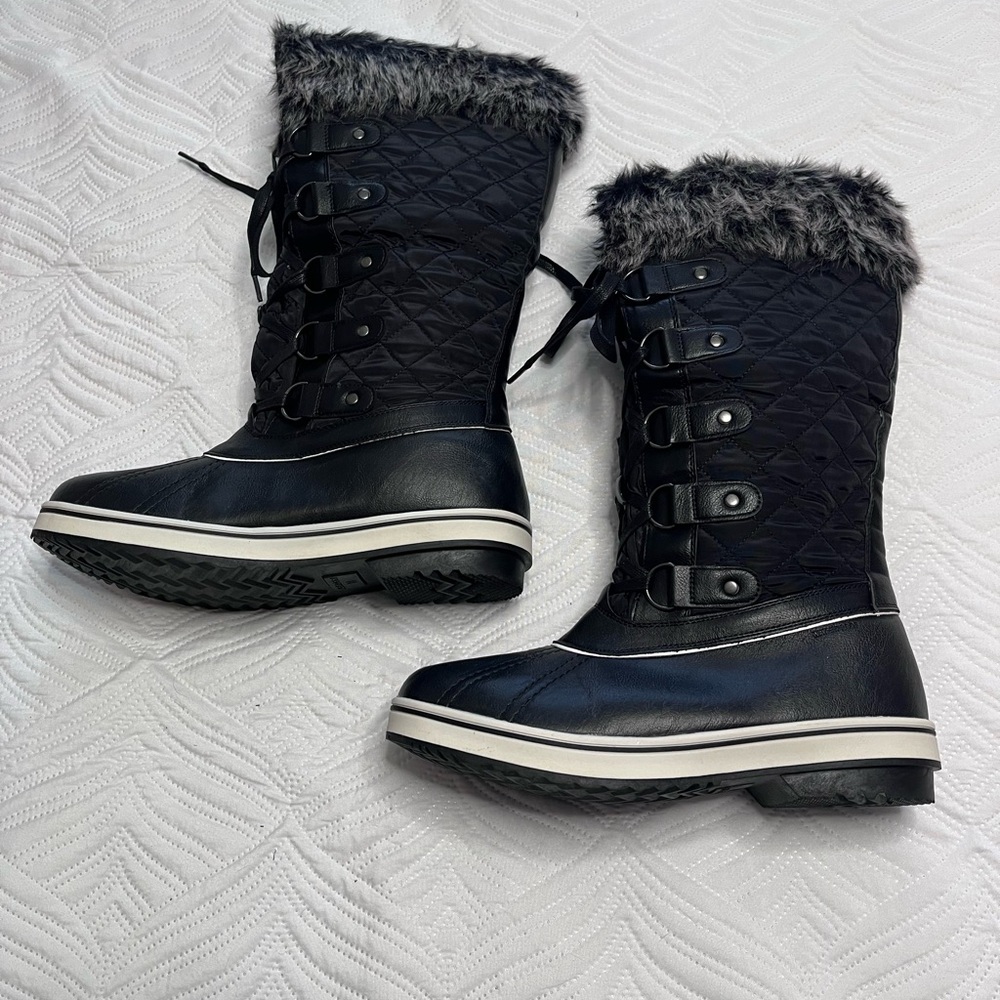 Women's Black Winter Boots with Faux Fur Trim